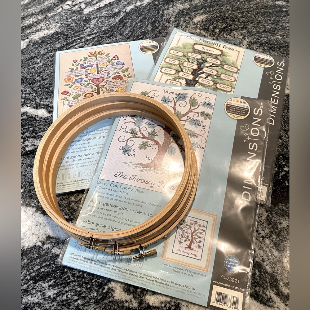 Set of 3 Family Tree Cross Stitch Kits + Rings